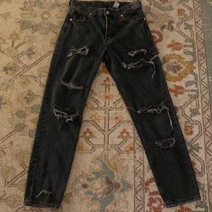 Womens H & M Boyfriend Low Waist Destroyed Jeans Sz 2 NWT Loose Fit Light Black